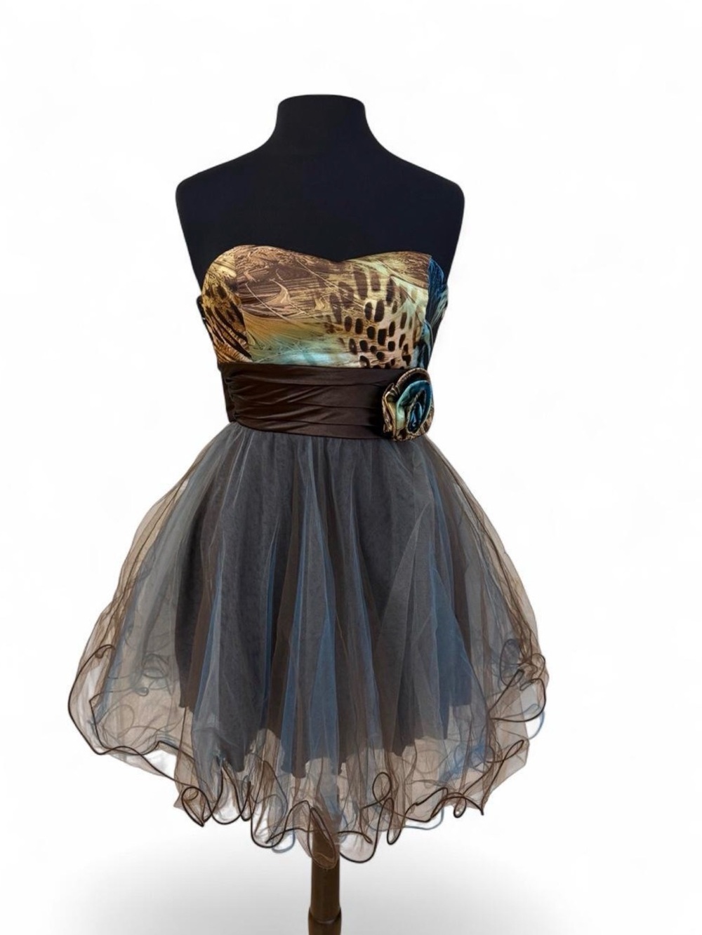 Teeze Me Strapless Multi-Color Animal Print & Black Tulle Dress